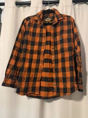 Harley-Davidson Orange & Black Buffalo Plaid Flannel Shirt – Size L
